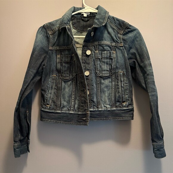 Express Jackets & Blazers - Express Denim Trucker Jacket Womens XS Dark Wash Button Front Long Sleeve Hippy